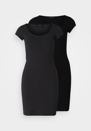 Dois vestidos ajustados em tecido escuro; um é cinza escuro, o outro é preto. Ambos têm mangas curtas e um decote arredondado.