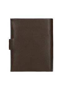 Portafoglio in pelle marrone scuro con una finitura testurizzata, design pieghevole e cuciture semplici. Presenta una fascia laterale per una chiusura sicura.