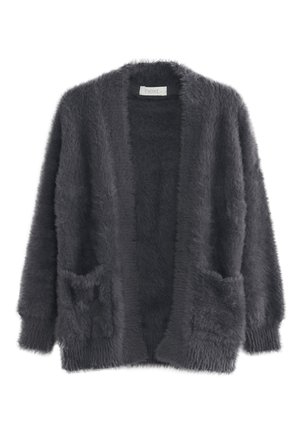 Cardigan gris foncé duveteux à ouverture devant, manches longues et deux poches avant, présenté sur fond blanc.