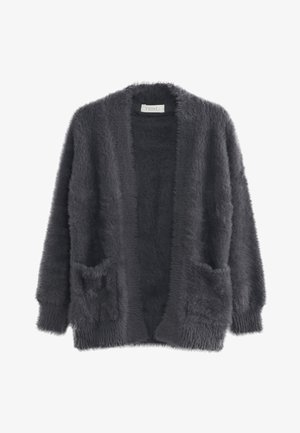 Cardigan gris foncé duveteux à ouverture devant, manches longues et deux poches avant, présenté sur fond blanc.