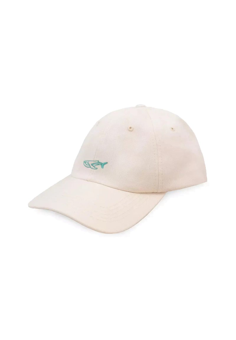 Beżowa czapka baseballowa wykonana z bawełny, z lekko zakrzywionym daszkiem. Posiada małe, haftowane w teal logo ryby z przodu. Subtelna tekstura.