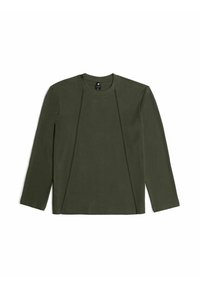 Haut à manches longues vert olive en tissu texturé, avec un col rond et des coutures discrètes à l'avant et sur les côtés.