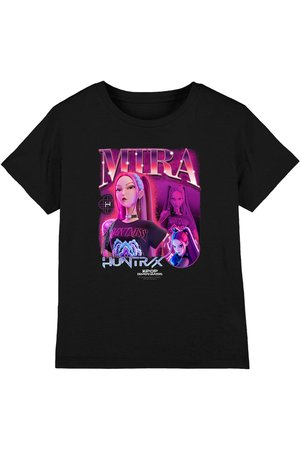 Black T-shirt with stylized purple and pink illustrations of a female character, text "MIRA" and "HUNTRX K-POP DEMON HUNTERS."