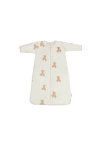 White sleeping bag with long sleeves, featuring a teddy bear pattern in soft beige. Center zipper closure for easy access. Smooth fabric texture.