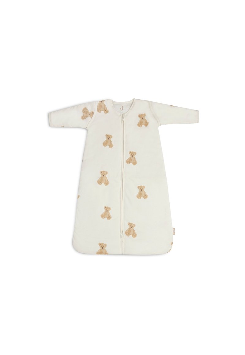 White sleeping bag with long sleeves, featuring a teddy bear pattern in soft beige. Center zipper closure for easy access. Smooth fabric texture.