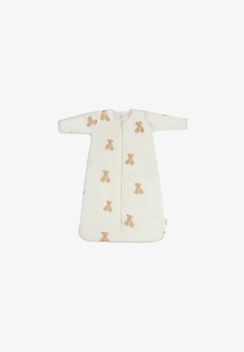 Witte slaapzak met lange mouwen, voorzien van een teddybeerpatroon in zacht beige. Rits aan de voorkant voor gemakkelijke toegang. Soepele stoftextuur.