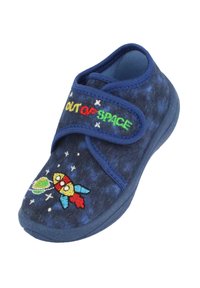 Blauwe stoffen slipper met een raket en planeet borduursel, verstelbare band en een gestructureerde zool. Ontwerp bevat de tekst "OUT OF SPACE".