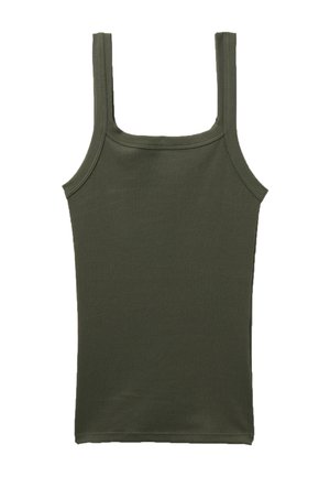 Top in verde oliva a costine con scollatura quadrata e spalline larghe. Realizzato in un materiale morbido e elasticizzato per garantire comfort.