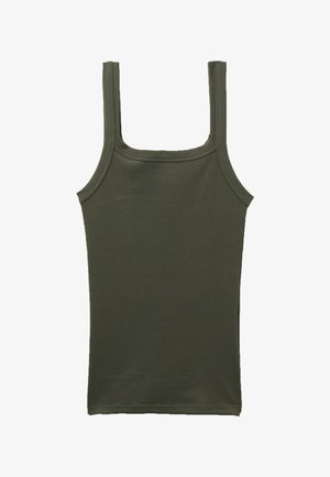 Débardeur côtelé vert olive avec un décolleté carré et de larges bretelles. Fabriqué dans un matériau doux et extensible pour le confort.