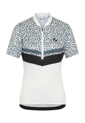 Kurzärmeliges Radtrikot mit grauem und schwarzem Leopardenmuster oben, schwarz-grauem Chevron-Streifen, halbem Reißverschluss und weißem Unterkörper.