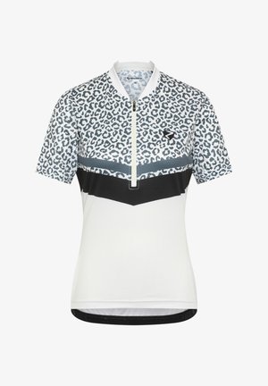 Kurzärmeliges Radtrikot mit grauem und schwarzem Leopardenmuster oben, schwarz-grauem Chevron-Streifen, halbem Reißverschluss und weißem Unterkörper.