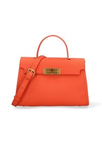 Oranje leren handtas met een gestructureerd ontwerp, bovenhandvat, afneembare strap en onderdelen in goudkleurige toon met een rechthoekige sluiting.