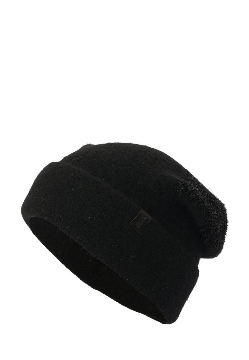 Berretto di lana nero realizzato in materiale testurizzato con un design sullo stile slouchy. Presenta un piccolo inserto con logo per i dettagli. Aspetto morbido e caldo.
