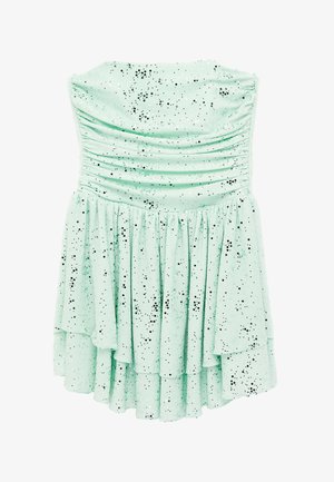 Minzgrünes trägerloses Kleid mit gerafftem Oberteil und gestuftem Rock, verziert mit einem schwarz-weiß gesprenkelten Muster.