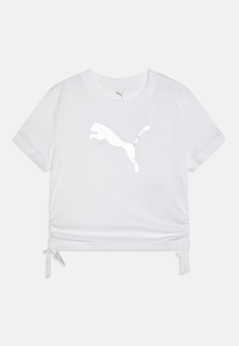 Vit kortärmad t-shirt i bomull, med en reflekterande Puma-logotyp på framsidan och dragsnöre vid nederkanten.