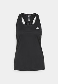 Czarny sportowy top na ramiączkach wykonany z gładkiej tkaniny z konstrukcją typu racerback. Posiada logo na górnej prawej stronie oraz eleganckie przeszycia.