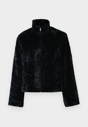 Black faux fur jacket with high collar, zip closure, and long sleeves. Soft texture and relaxed fit, featuring a smooth, even surface.