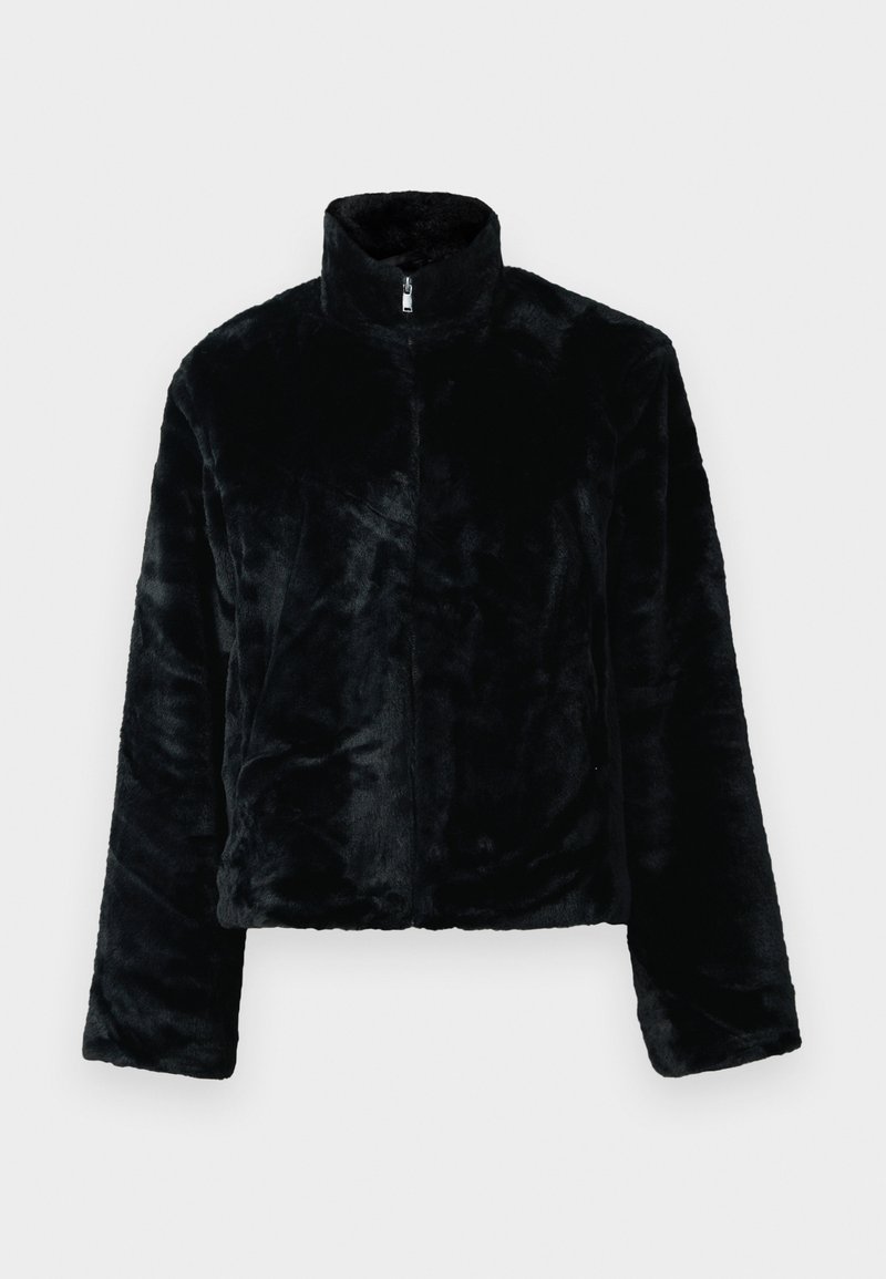 Veste en fausse fourrure noire avec col montant, fermeture zippée et manches longues. Texture douce et coupe décontractée, avec une surface lisse et uniforme.
