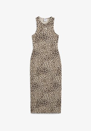 Abito lungo senza maniche con stampa leopardata in toni beige e marroni. Design aderente, collo rotondo, realizzato in materiale morbido.