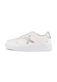 White leather sneakers with silver accents, rounded toe, and perforated details. Features a textured upper and a white rubber sole.