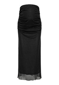 Fustă neagră de maternitate din material ușor, cu detalii adunate și strasuri împrăștiate pentru un plus de textură. Design până la podea.