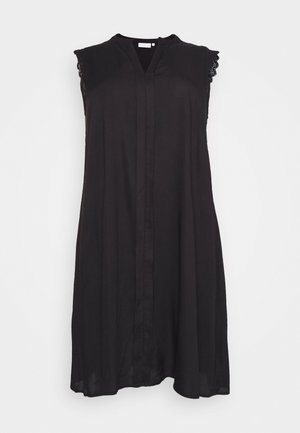 Schwarzes ärmelloses Kleid mit V-Ausschnitt und Spitzenbesatz an den Schultern, lockere Passform, knielang, aus leichtem Stoff.