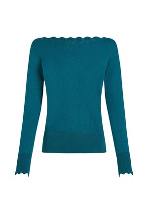 Teal Pullover mit langen Ärmeln, einem gewellten Ausschnitt sowie gerippten Bündchen und Saum. Hergestellt aus einem weichen Strickstoff mit glatter Textur.