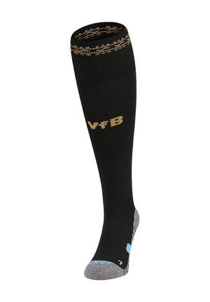 Schwarzer knielanger Sportsocken mit goldenen "VFB" Buchstaben, grauem Zeh und Ferse und blauen sowie goldenen Akzentdetails.