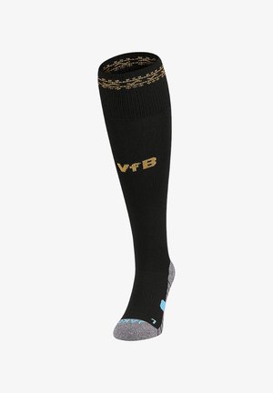 Schwarzer knielanger Sportsocken mit goldenen "VFB" Buchstaben, grauem Zeh und Ferse und blauen sowie goldenen Akzentdetails.