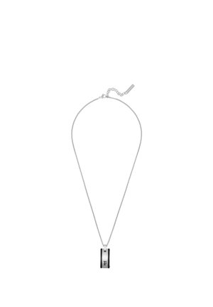 Silver chain necklace with a vertical rectangular pendant featuring a black letter "p" on a silver background and adjustable clasp.
