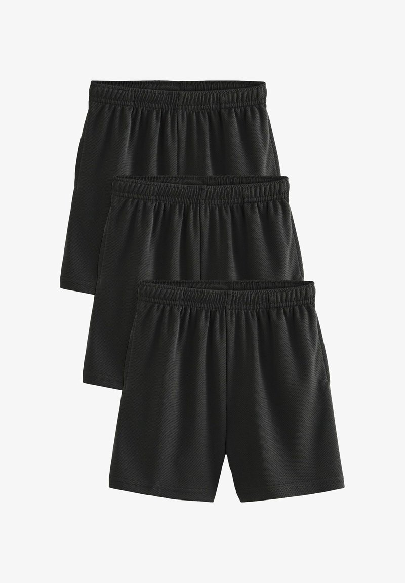 Trzy pary czarnych sportowych spodenek z elastycznymi pasami, nałożone na siebie i ułożone warstwowo na białym tle.