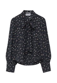 Black blouse with a bow tie collar, long puff sleeves, and floral print in pink and white. Soft fabric with gathered cuffs and straight hem.