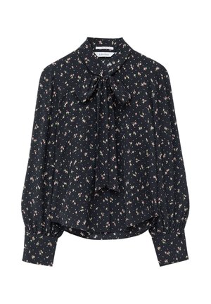 Black blouse with a bow tie collar, long puff sleeves, and floral print in pink and white. Soft fabric with gathered cuffs and straight hem.