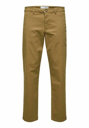 Brown cotton trousers featuring a straight cut, front button closure, belt loops, and two side pockets. Smooth texture with a casual design.