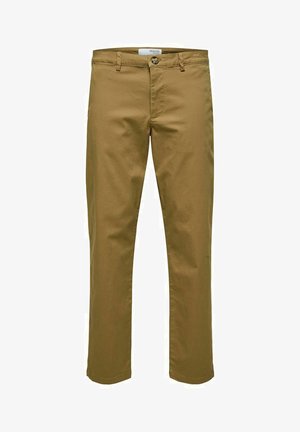 Pantaloni din bumbac maro, cu croi drept, închidere frontală cu buton, bentițe pentru curea și două buzunare laterale. Textură netedă, cu un design casual.