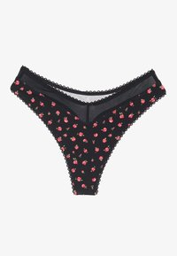 Zwarte bikini-stijl onderbroek met roze rozenpatronen, kanten rand en doorzichtige panelen aan de zijkanten voor extra detail en textuur.