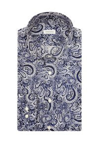 Granatowa koszula z białym wzorem paisley, klasycznym kołnierzykiem i białymi guzikami. Wykonana z tkaniny o gładkiej fakturze.