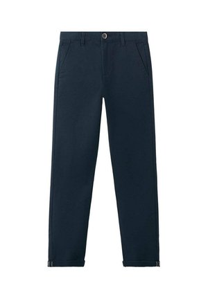 Pantalon bleu marine droit avec poches avant, passants pour ceinture, fermeture à boutons et revers pliés aux chevilles.