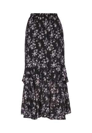 Falda larga negra con estampado floral, fabricada en tejido ligero y con un diseño de volantes en capas. Cuenta con una cinturilla elástica y un patrón floral en gris.