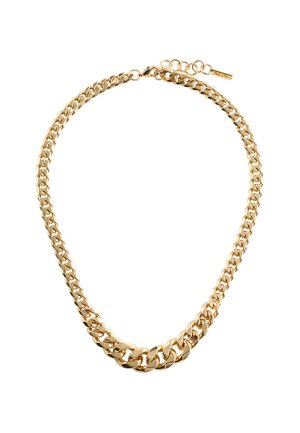 Goldener Kettenanhänger mit dicken, miteinander verbundenen Gliedern und einer glänzenden Oberfläche. Verstellbarer Kettenverschluss mit einer kleinen Verlängerung und Verschlussdetail.