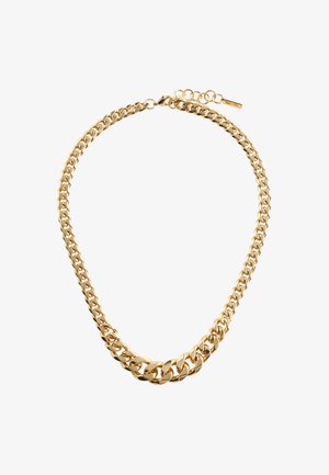 Goldener Kettenanhänger mit dicken, miteinander verbundenen Gliedern und einer glänzenden Oberfläche. Verstellbarer Kettenverschluss mit einer kleinen Verlängerung und Verschlussdetail.