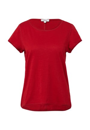 T-shirt rouge à manches courtes avec un col rond. Fabriqué dans un tissu doux et léger avec une texture lisse et un ourlet légèrement arrondi.