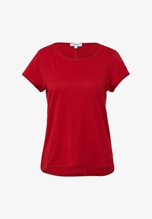 T-shirt rouge à manches courtes avec un col rond. Fabriqué dans un tissu doux et léger avec une texture lisse et un ourlet légèrement arrondi.