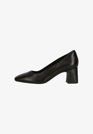 Black leather high-heeled pump featuring a pointed toe and a block heel. Smooth texture with minimal detailing.