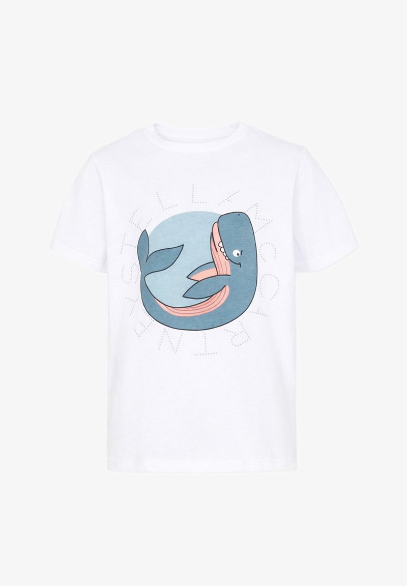 T-shirt blanc à manches courtes avec une illustration d'une baleine bleue souriante à l'intérieur d'un cercle bleu clair et le texte "STELLA MCCARTNEY" autour.