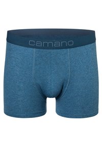 Boxer da uomo blu realizzati in morbido tessuto testurizzato. Presentano un elastico navy con il logo "camano" sul davanti e un design aderente e sagomato.