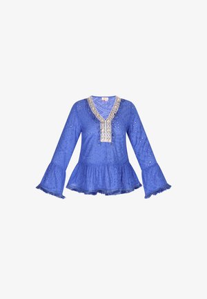 Top peplum blu con maniche lunghe a campana, bordo in pizzo lungo il collo a V e dettagli ricamati su tutta la stoffa.
