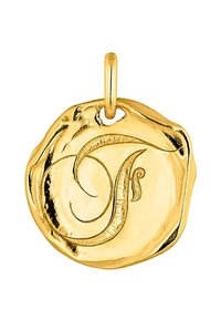 Colgante redondo de oro con una letra "P" en relieve, con un borde texturizado e irregular y un pequeño anillo para su sujeción.