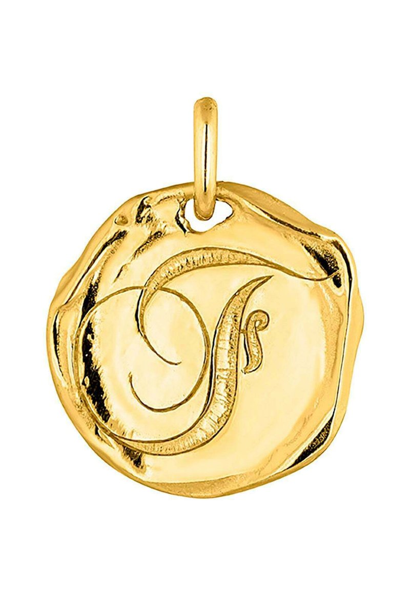 Colgante redondo de oro con una letra "P" en relieve, con un borde texturizado e irregular y un pequeño anillo para su sujeción.