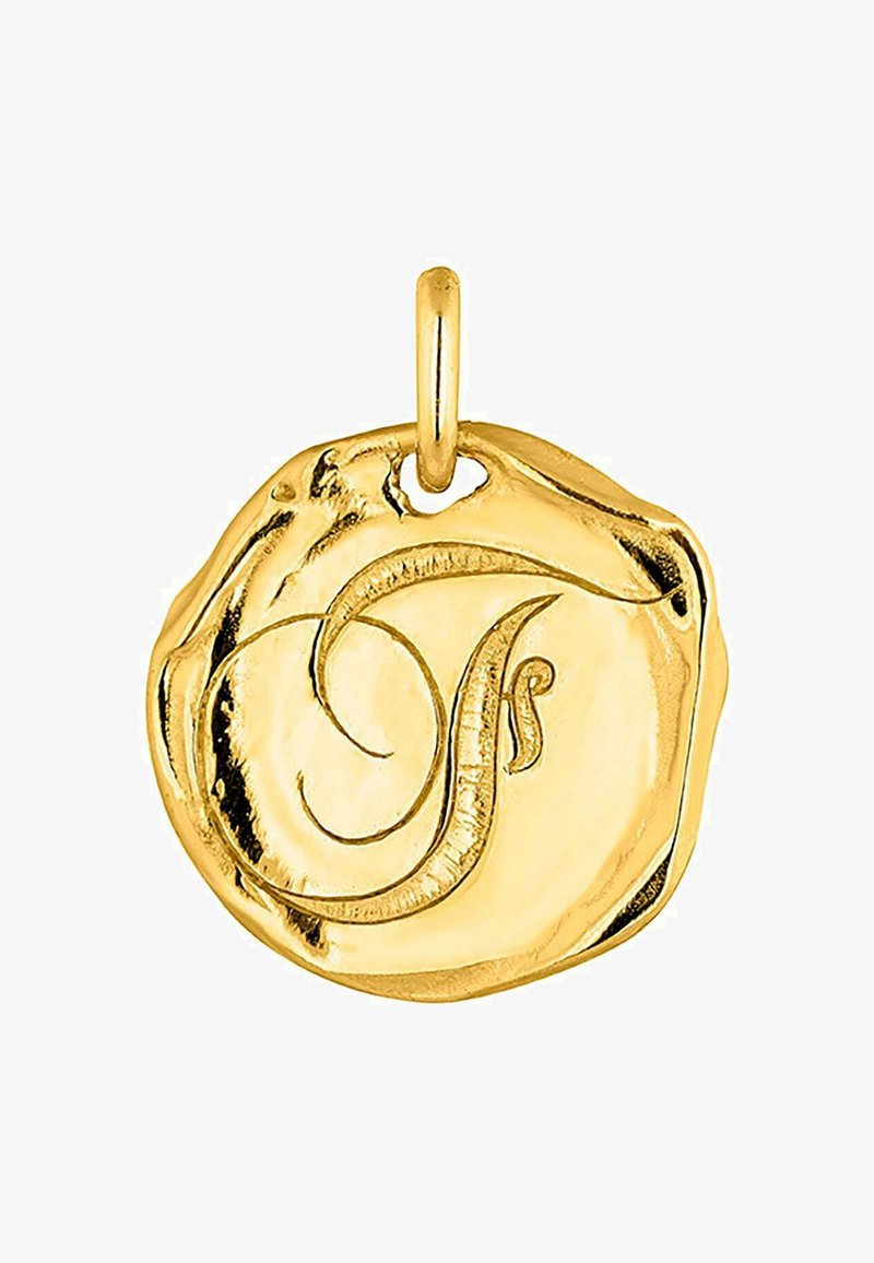 Colgante redondo de oro con una letra "P" en relieve, con un borde texturizado e irregular y un pequeño anillo para su sujeción.